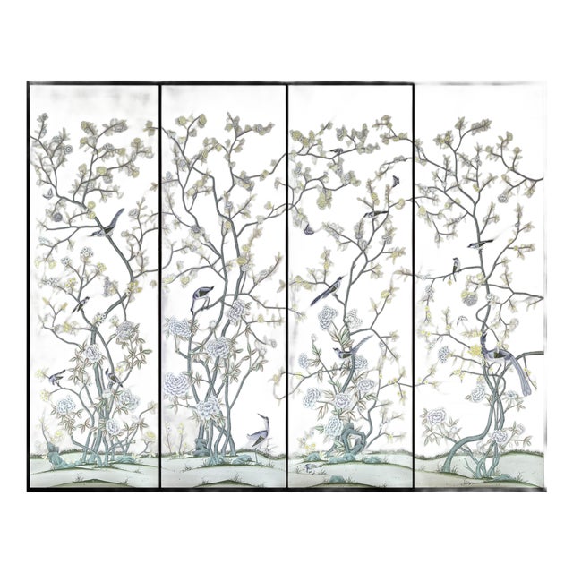 Custom Hand-Painted Silk Chinoiserie Mural | Dusty Lavender Botanical Heron Wallpaper | Luxury Handcrafted Wall Covering For Sale