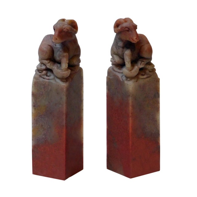 Chinese lucky zodiac animal lamb statue, this pair of bar column shape statue is carved from natural soapstone. it has a...