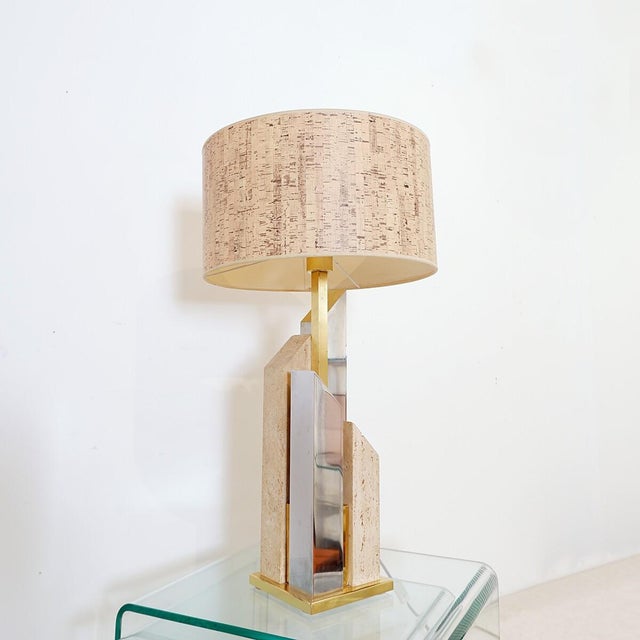 Cream Tall Skyscaper Table Lamp in Travertine, Chrome and Brass by Sciolari, 1970s For Sale - Image 8 of 15