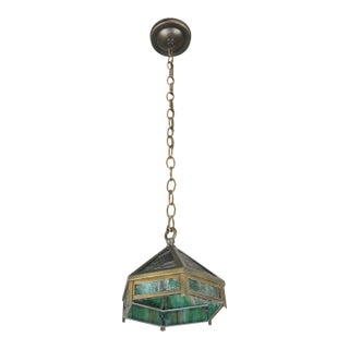 Mid 20th Century Arts & Crafts Green Slag Glass Hexagonal Pendant Light For Sale