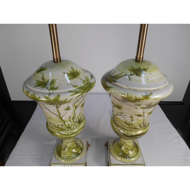 Green Early Marbro Urn Lamps With Green Painted Roman Ruins - a Pair For Sale - Image 8 of 13