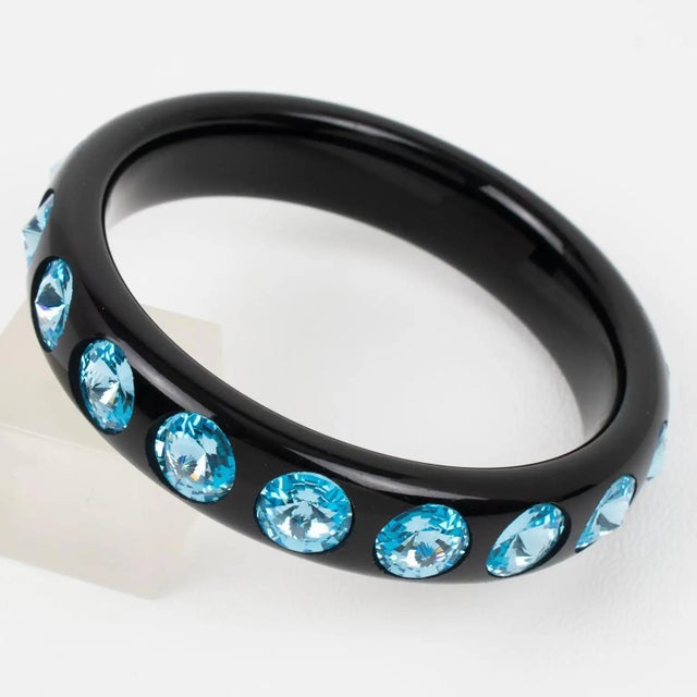 Glass Black Resin Bracelet Bangle with Baby Blue Crystal Rhinestones For Sale - Image 7 of 7