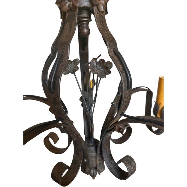 Vintage French Wrought Iron Chandelier With Forged Flowers For Sale - Image 10 of 13