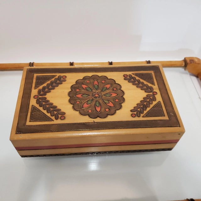 Vintage Made in Poland Hand Carved & Painted Wood Cigar/jewelry Box For Sale - Image 4 of 11