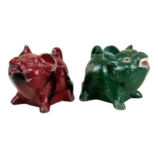 Vintage Traditional Cast Metal Red & Green Pig Piggy Bank - a Pair For Sale