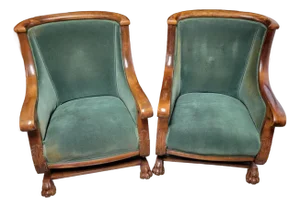 Pair of German Empire Beechwood Platform Rocker Tub Chairs With Lion Paw Feet, C. 1830–1850