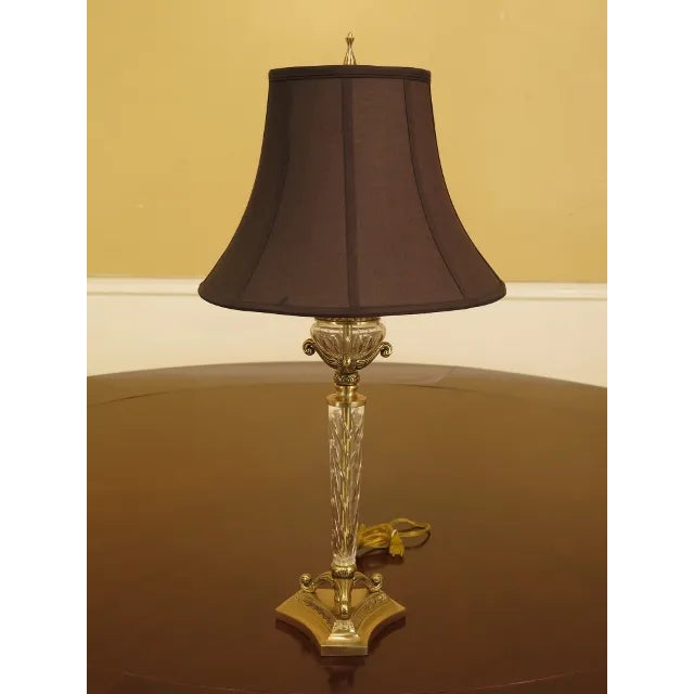 1990s Hollywood Regency Brass & Crystal Table Lamp with Shade For Sale - Image 9 of 9