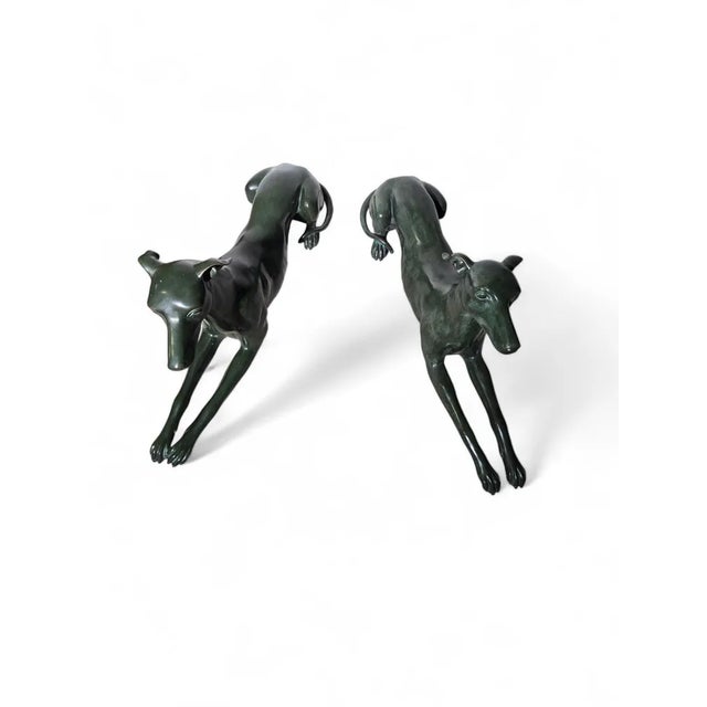 Metal Italian Greyhound Statues in Green Patinated Bronze, 1950s, Set of 2 For Sale - Image 7 of 12