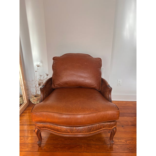 Animal Skin 1990s Ethan Allen Bergere Leather Chair and Ottoman For Sale - Image 7 of 17