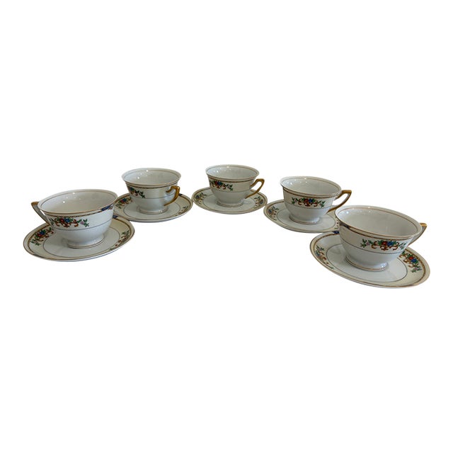 Vintage Meito China “Warren” Hand-Painted Floral Cups and Saucers, Set of 5 For Sale