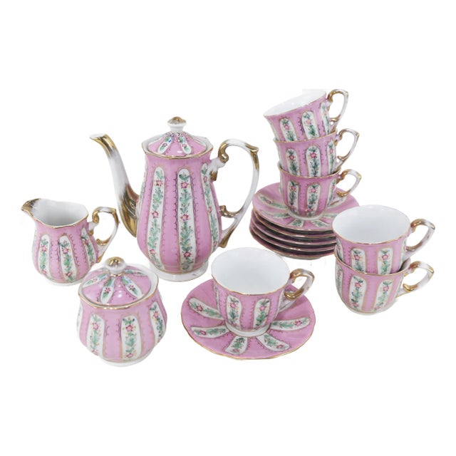 Vintage Pink Floral Porcelain Tea Set – Hand-Painted Victorian Style For Sale