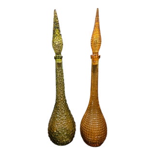 Pair of Vintage Glass Genie Bottles - Amber Diamond and Green Hobnail For Sale