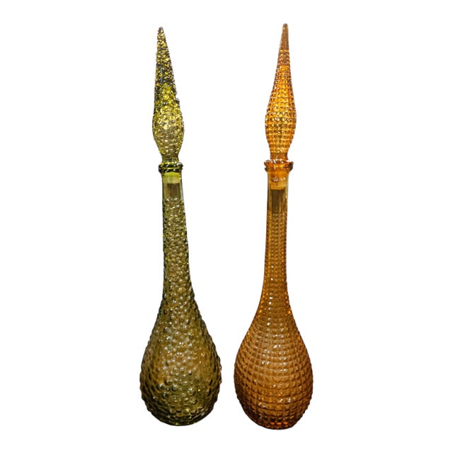 Pair of Vintage Glass Genie Bottles - Amber Diamond and Green Hobnail For Sale