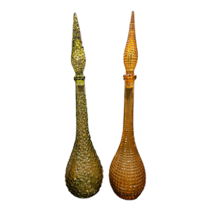 Pair of Vintage Glass Genie Bottles - Amber Diamond and Green Hobnail