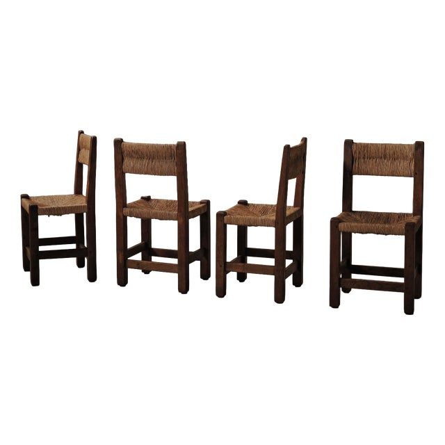 Vintage Oak and Straw Chairs, France, 1960, Set of 4 For Sale