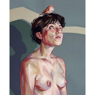 The Persuasion of Teulaí by Ale Casanova | Oil on linen portrait of a woman with a bird on her head For Sale