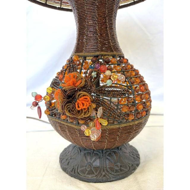 Vintage Beaded Tramp Art Table Lamp With Floral Embellishments For Sale In West Palm - Image 6 of 18