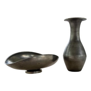 Art Deco Vase and Bowl in Pewter by Edvin Ollers, Sweden, 1950s, Set of 2 For Sale