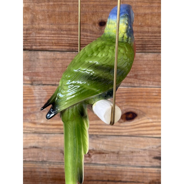 Green Vintage Ceramic Glazed Parrot on Brass Perch With Hanging Chain For Sale - Image 8 of 11