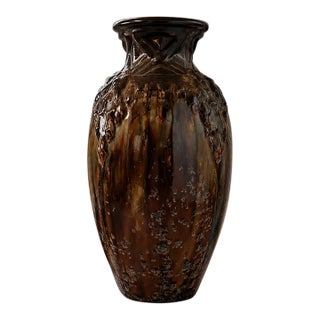 1930s Large Art Deco Stoneware Vase by Mougin Nancy, Bronze Flambé & Crystalline Glaze For Sale