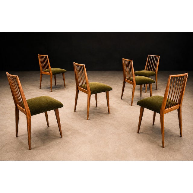 Rare Set of Six Dining Chairs by Joaquim Tenreiro in Caviúna Wood & Olive Green Mohair, Brazil, 1950s For Sale - Image 4 of 16