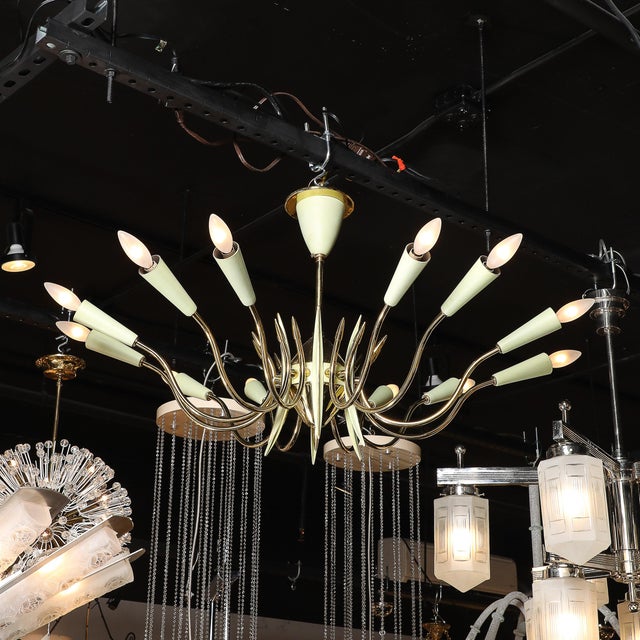 Metal Mid-Century Polished Brass & Green Enamel 12 Light Chandelier by Stilnovo For Sale - Image 7 of 18