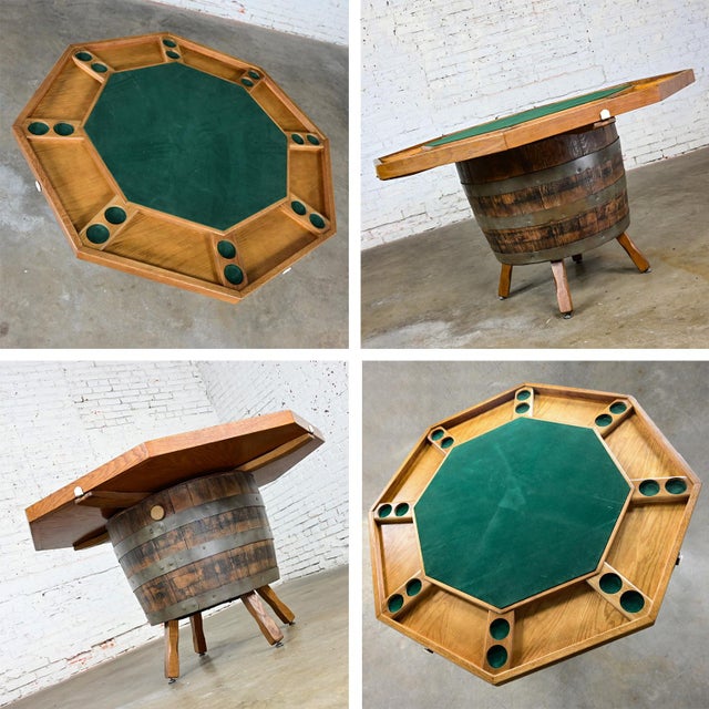 Late 20th Century Rustic Oak Whiskey Barrel Poker Table & 4 Swivel