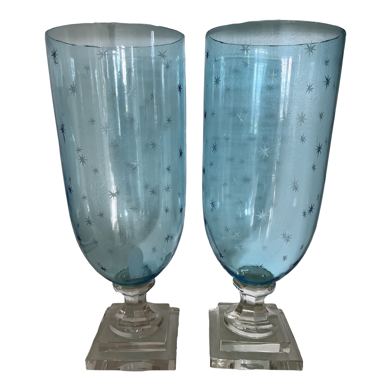 Pair of Blue Starred Glass Hurricanes Chairish
