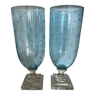 Pair of Blue Starred Glass Hurricanes For Sale