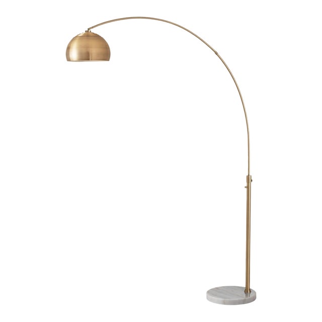 1960s 92" Half Dome Adjustable Mid Century Brass Floor Lamp - Modern Arc Lamp, White Marble Base, Dimmable, Living Room Lamp For Sale