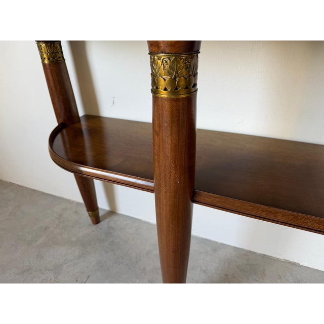 Large- French Art Deco Empire Style Mahogany & Green Marble Top Two-Tier Demilune Console Table For Sale - Image 14 of 17