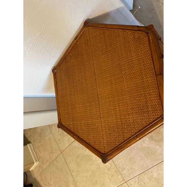 Vintage Asian Chinoiserie Hexagon Faux Bamboo and Rattan Side Table For Sale - Image 11 of 12