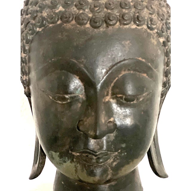 Antique Bronze Ayutthaya Buddha Head Thai Sculpture, Mounted For Sale - Image 9 of 12
