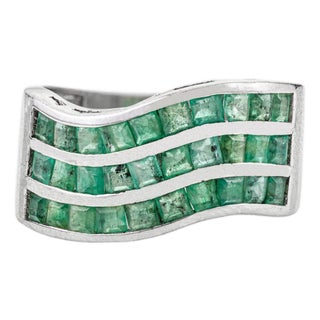 2.25 Carat Square Cut Emerald Channel Set Statement Wavy Band Ring in 925 Silver - Size 7 For Sale