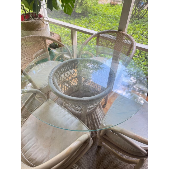 Boho Chic Vintage Rattan Dining Set, White Bamboo Boho Table With Glass Top For Sale - Image 3 of 12