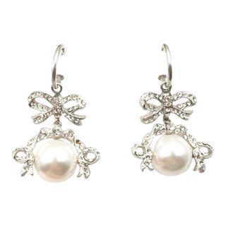 Chanel Vintage Silver Ribbon Pearl Hoop Earrings, A Pair For Sale