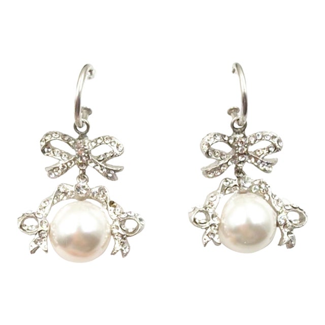 Chanel Vintage Silver Ribbon Pearl Hoop Earrings, A Pair For Sale