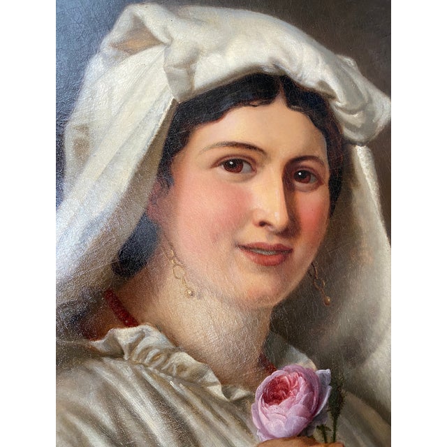 English Early 20th Century English Protrait Oil Painting of a Young Lady with a Rose, Framed For Sale - Image 3 of 5