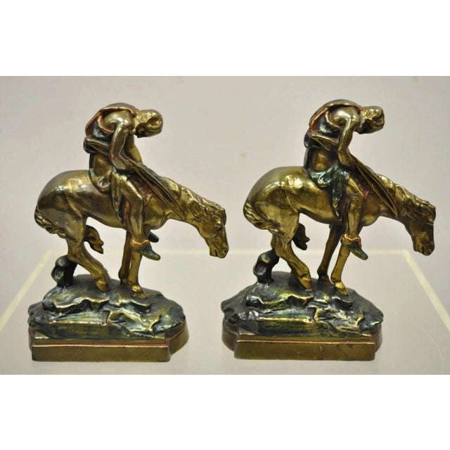 Native American Vintage Bronze Clad 8" End of Trail Indian on Horse Figure Bookends - A Pair For Sale - Image 3 of 12