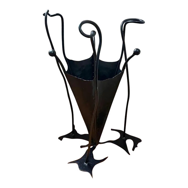 1960s MidCentury Modern Brutalist Hand Wrought Iron Umbrella Stand