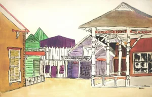 Mid 20th Century "Gold Rush Town" Landscape Watercolor Painting