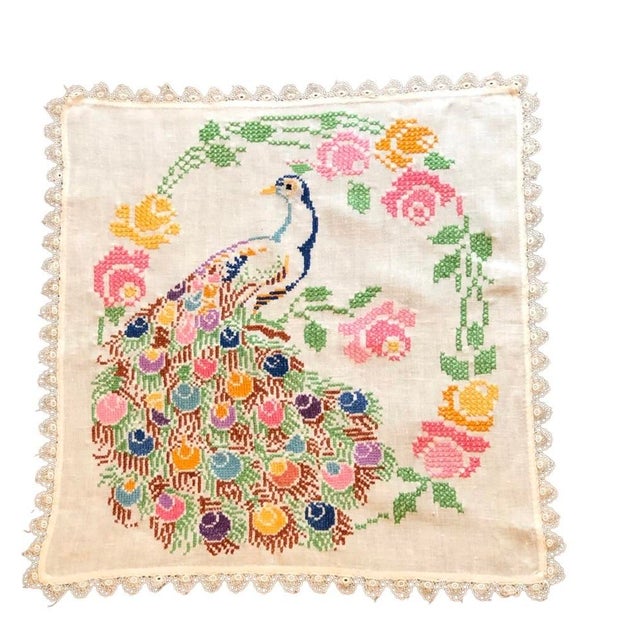 Antique White Vintage Peacock Embroidered Tapestry Art Cloth Panel For Sale - Image 8 of 12