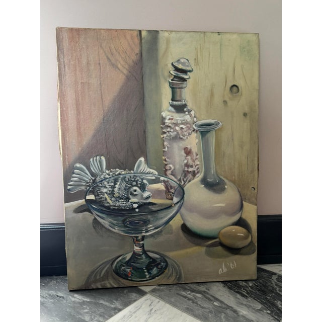 Really fun mid-century still life featuring a puffer fish. Oil on canvas. Signed A. Bassin '61