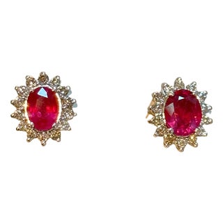 4 Carat Oval Treated Ruby & 1.2 Ct Diamond Stud Earrings 14 Karat White Gold For Sale