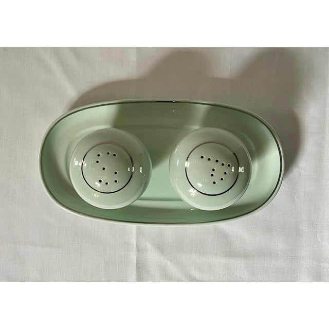 Light Green 1950s Pale Green Salt & Pepper Shakers With Tray For Sale - Image 8 of 9