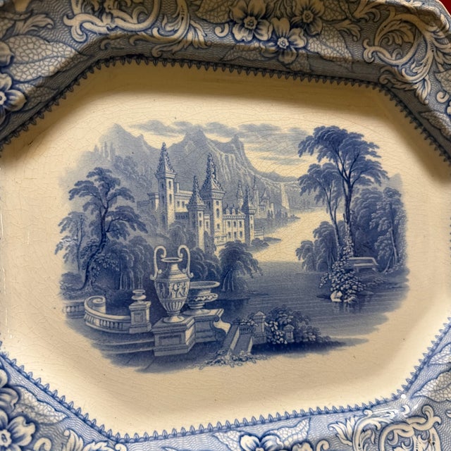 Ceramic Antique English Blue Transfer Ironstone Octagonal Platter, River and Castle Scene, Circa Mid-19th Century For Sale - Image 7 of 12