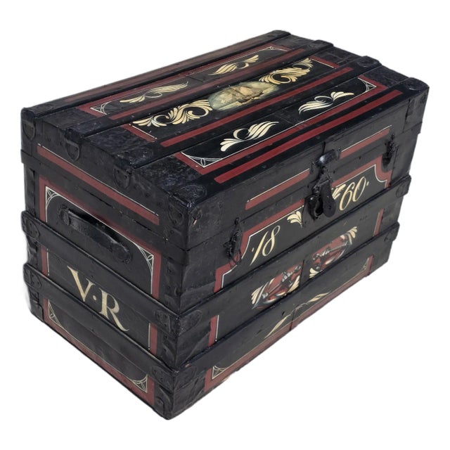 Antique Trunk With Later Painted Details For Sale