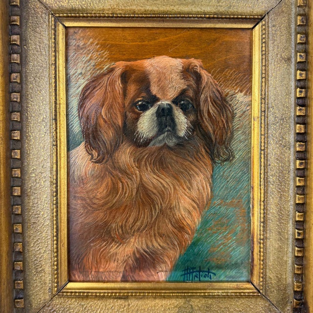 A charming vintage oil painting depicting a Pekingese dog, executed with fine attention to the texture and movement of the...