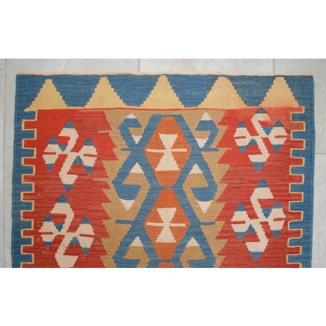 Flat Weave Kilim Rug, Vintage Oushak Rug Village Wool, Red Gold Blue Geometric, 3x4 Ft Approx For Sale - Image 9 of 16
