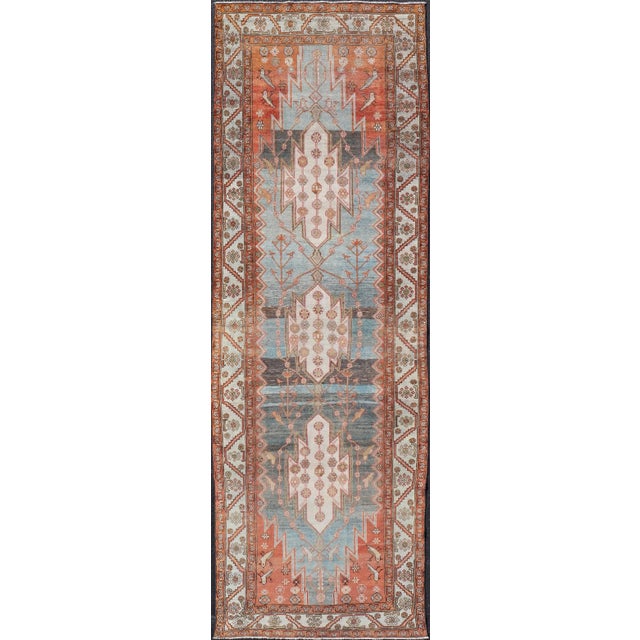 Antique Geometric Persian Malayer Gallery Runner in Gray, Blue, Light Tera-Cotta and Cream For Sale - Image 13 of 13